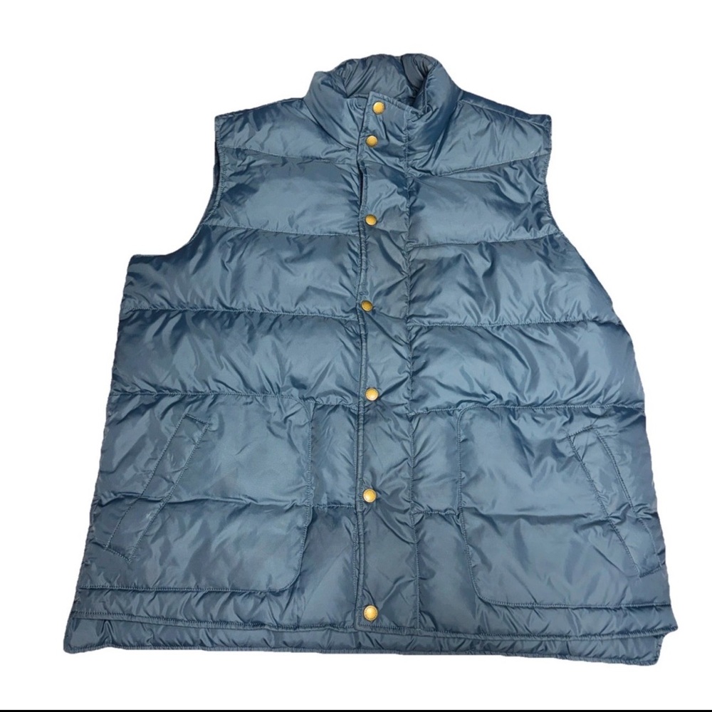 Lands End Mens Puffer Down Vest XL 46-48 navy Snap Up Pockets Preppy Flaw